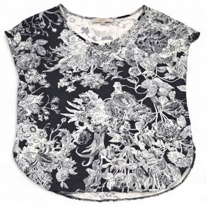 LOFT Charcoal Gray and Ivory Floral Short Sleeve Tee Size XS EUC